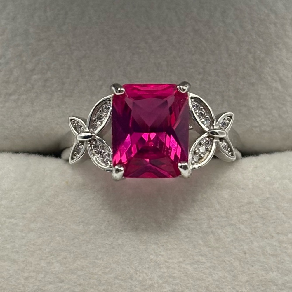Pink Radiant Emerald Cut Moissanite Sterling Silver Butterfly Ring
